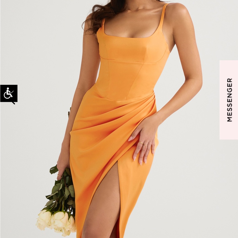 House of CB BIANCA Tangerine Satin Pleated Corset Midi Dress